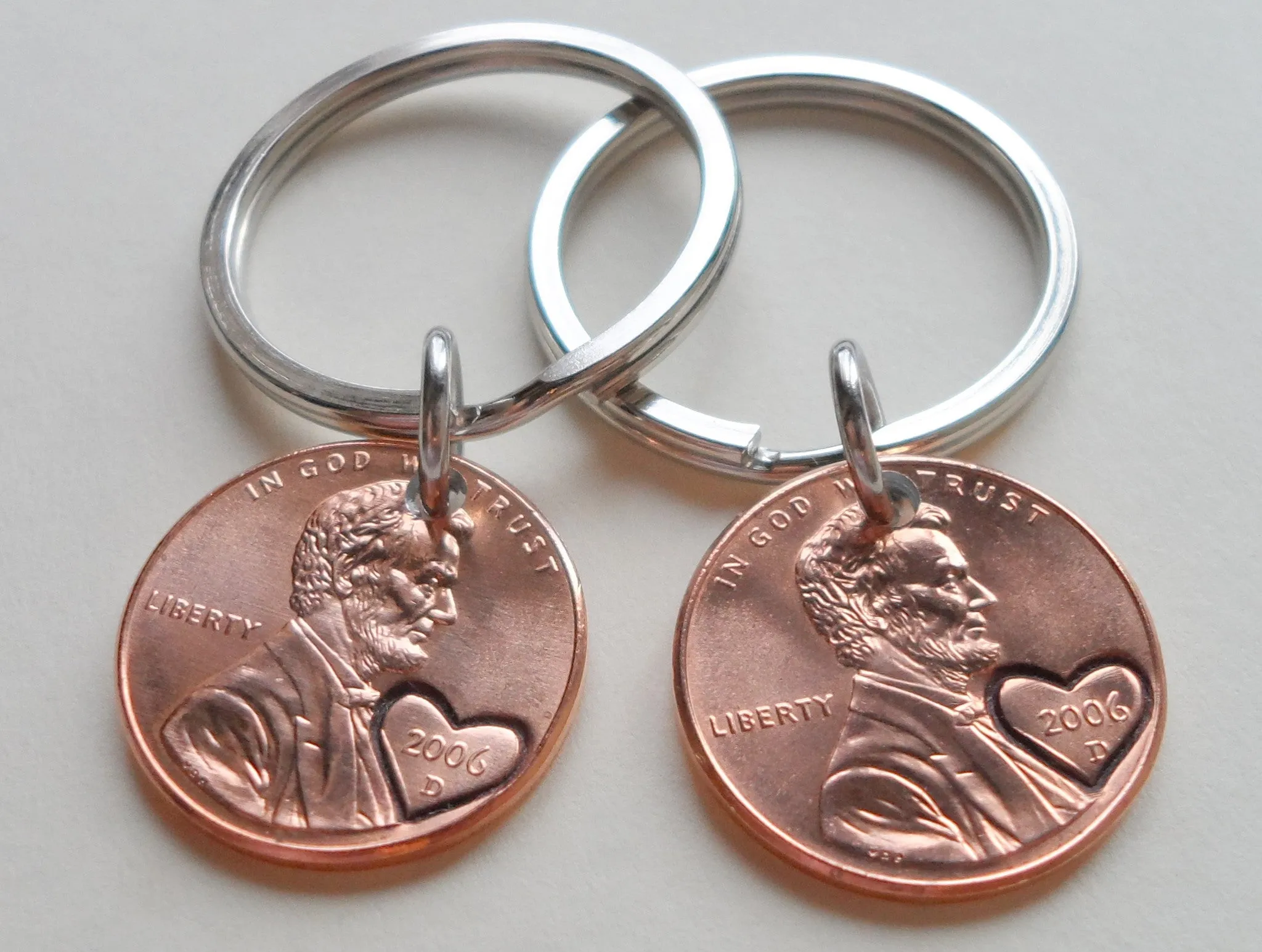 19 Year Anniversary Gift • Double Keychain Set 2006 Penny Keychains with Engraved Heart Around Year by Jewelry Everyday