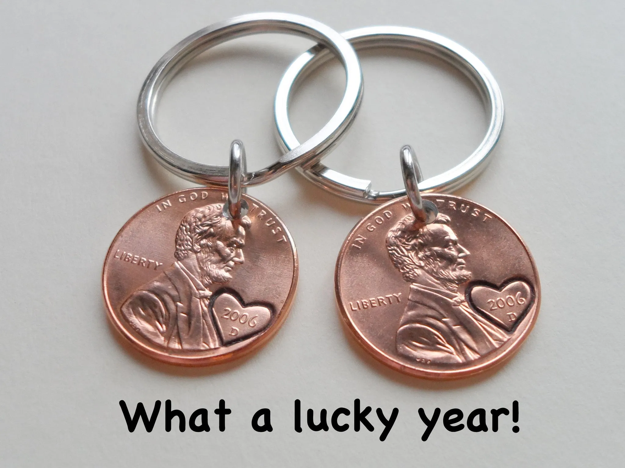 19 Year Anniversary Gift • Double Keychain Set 2006 Penny Keychains with Engraved Heart Around Year by Jewelry Everyday