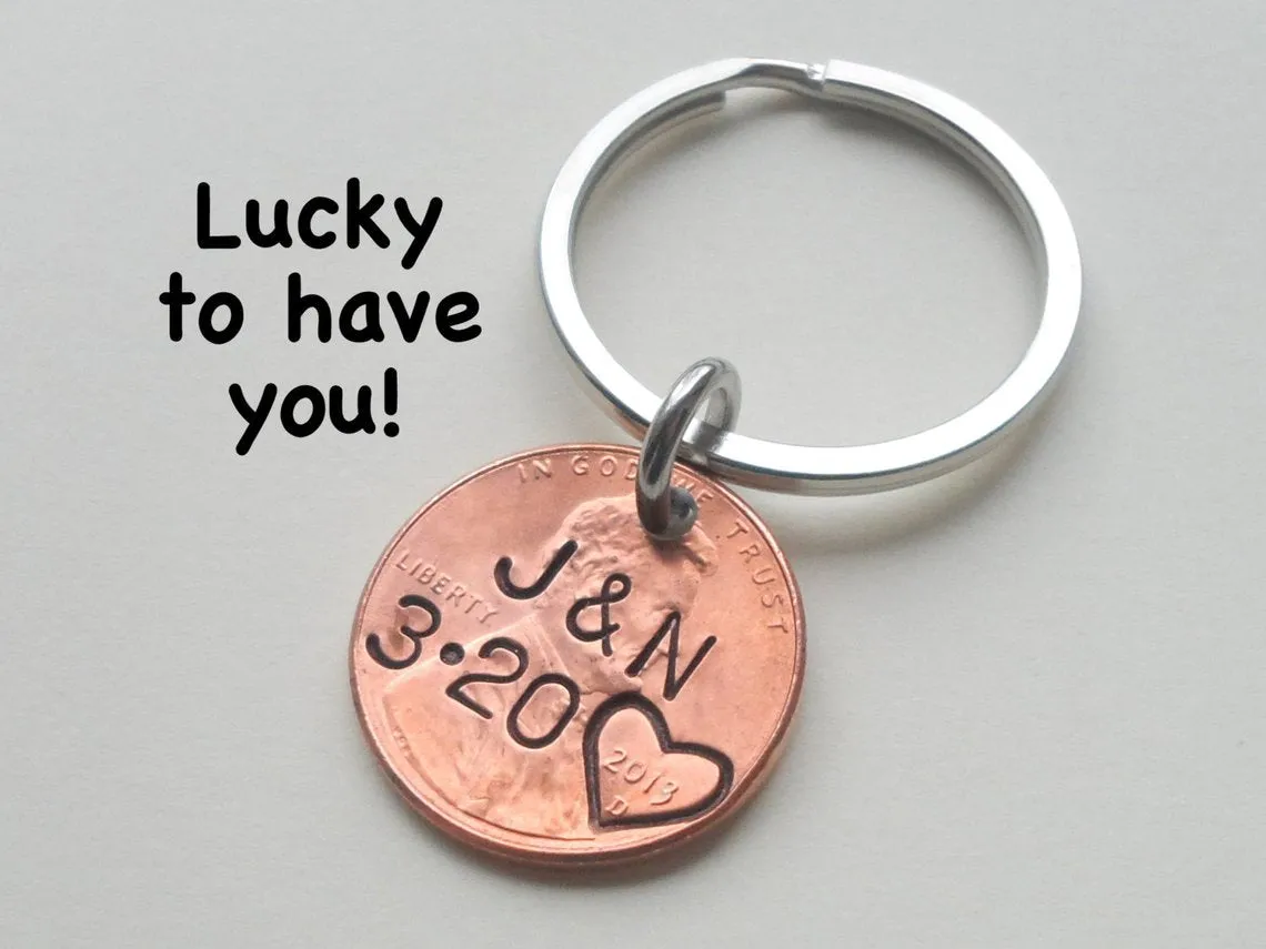 2019 US One Cent Penny Keychain with Heart Around Year; 6 Year Anniversary Gift, Couples Keychain