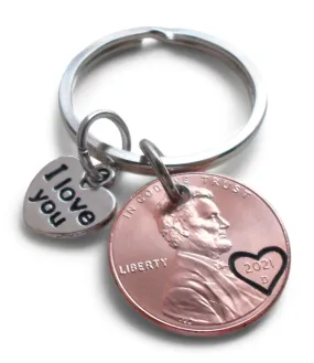 2021 US One Cent Penny Keychain with Heart Around Year & I Love You Heart Charm; 4 Year Anniversary, Couples Keychain