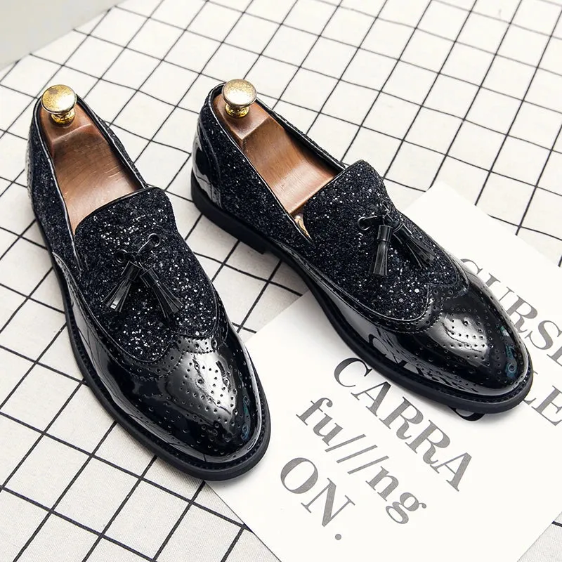 Aidase Spring Tassel Men's Shoes Golden Nightclub Casual Shoes Loafers Mens Shoes Slip-on Comfort Shoes Bright Leather Low-heeled Shoes