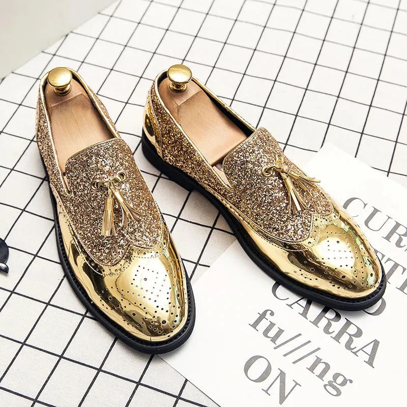 Aidase Spring Tassel Men's Shoes Golden Nightclub Casual Shoes Loafers Mens Shoes Slip-on Comfort Shoes Bright Leather Low-heeled Shoes
