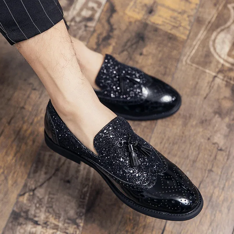 Aidase Spring Tassel Men's Shoes Golden Nightclub Casual Shoes Loafers Mens Shoes Slip-on Comfort Shoes Bright Leather Low-heeled Shoes