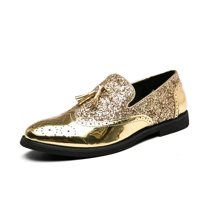 Aidase Spring Tassel Men's Shoes Golden Nightclub Casual Shoes Loafers Mens Shoes Slip-on Comfort Shoes Bright Leather Low-heeled Shoes