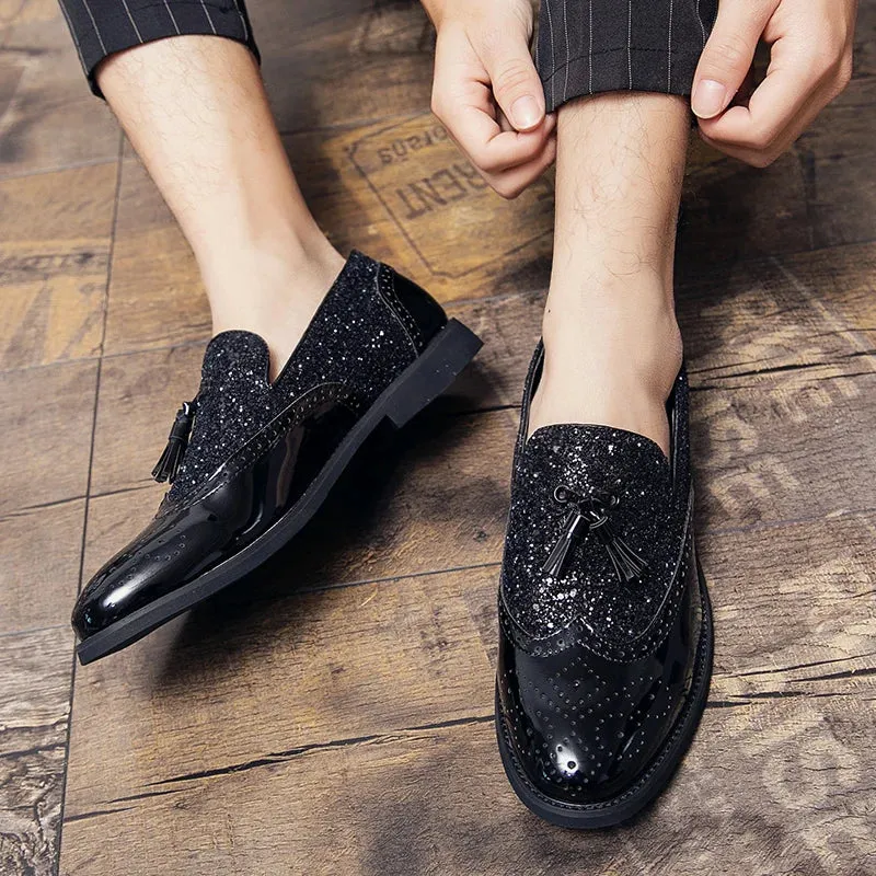 Aidase Spring Tassel Men's Shoes Golden Nightclub Casual Shoes Loafers Mens Shoes Slip-on Comfort Shoes Bright Leather Low-heeled Shoes