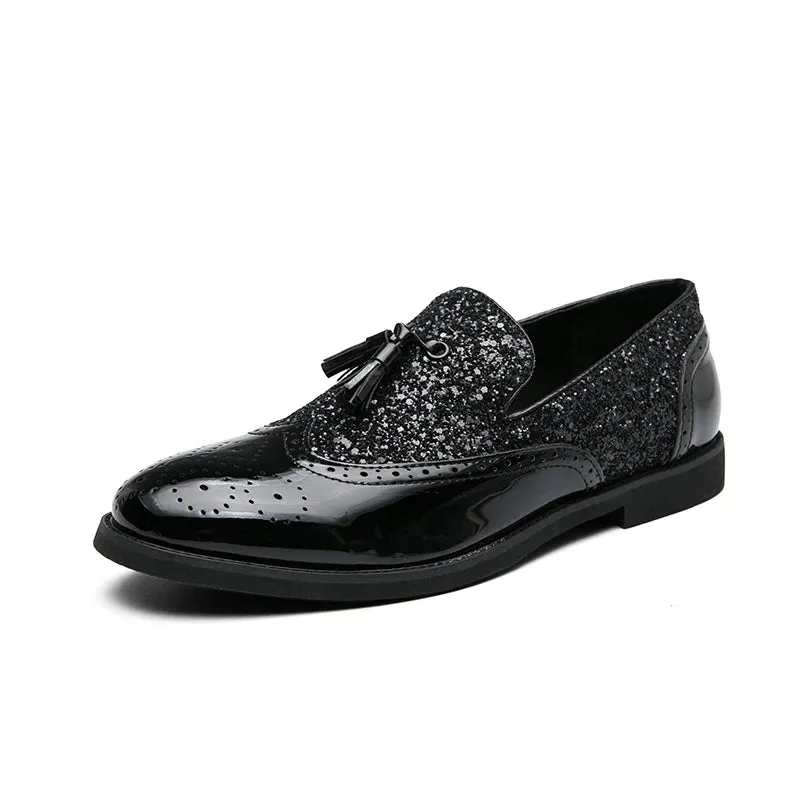 Aidase Spring Tassel Men's Shoes Golden Nightclub Casual Shoes Loafers Mens Shoes Slip-on Comfort Shoes Bright Leather Low-heeled Shoes