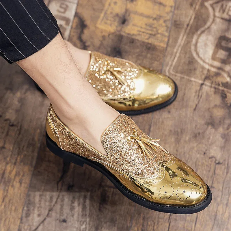 Aidase Spring Tassel Men's Shoes Golden Nightclub Casual Shoes Loafers Mens Shoes Slip-on Comfort Shoes Bright Leather Low-heeled Shoes