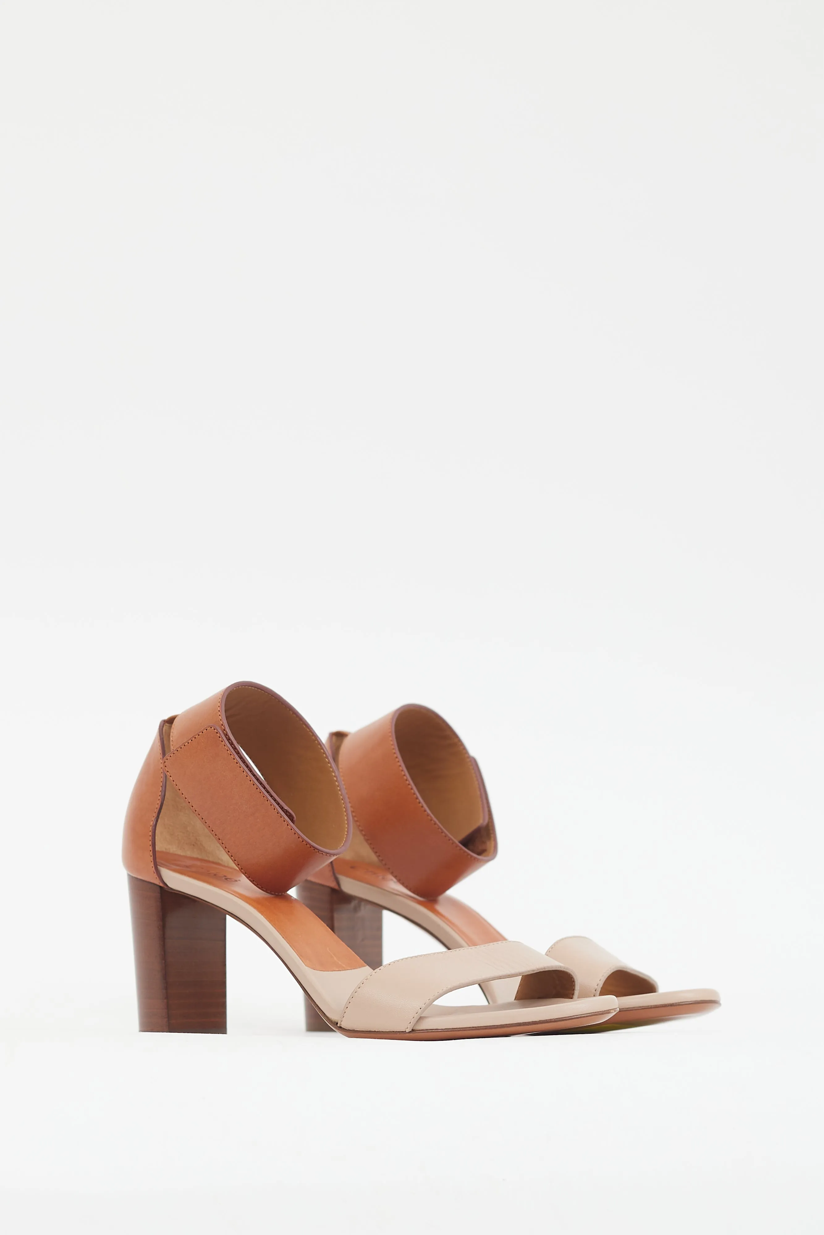 Beige & Brown Leather Open Toe Heel