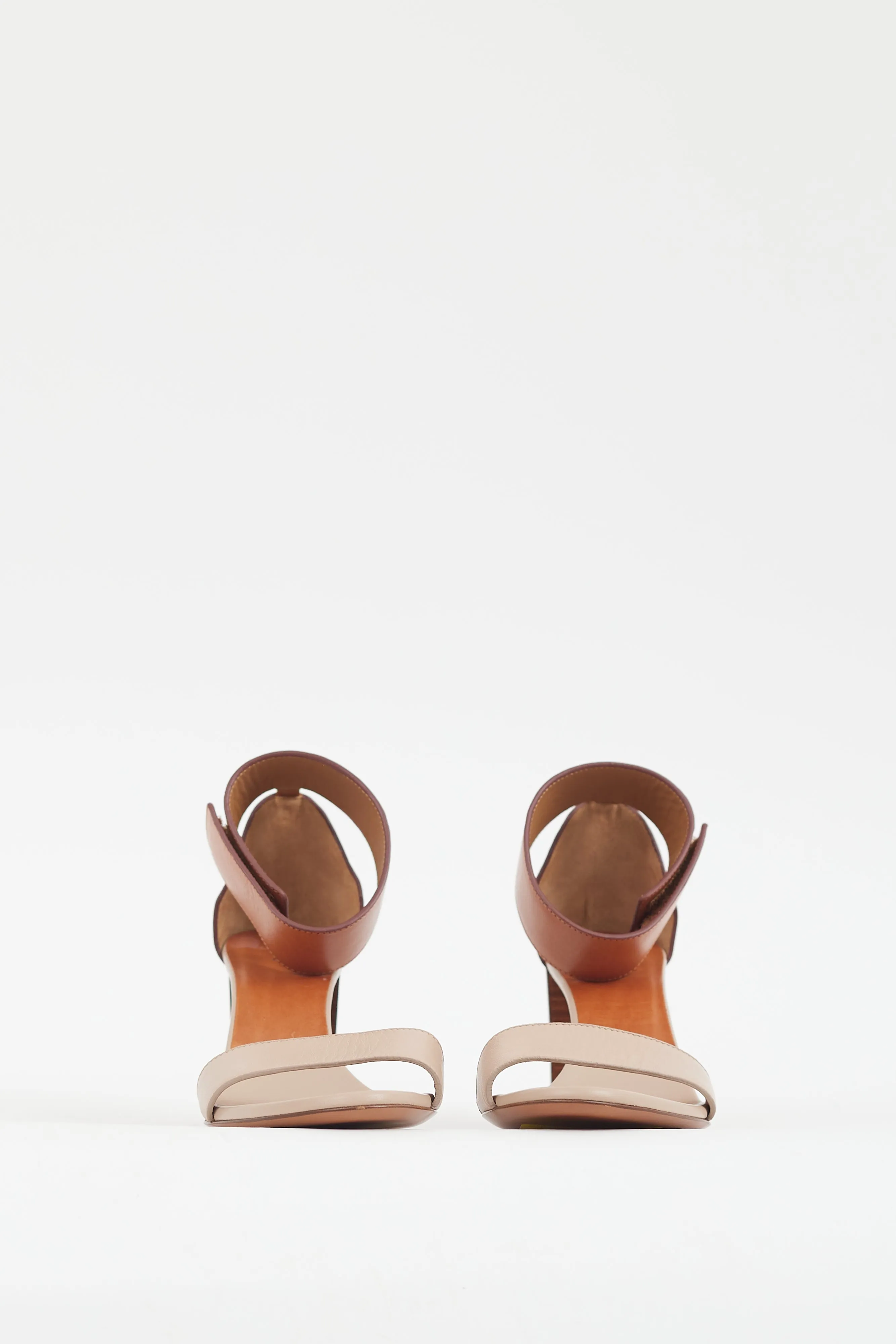 Beige & Brown Leather Open Toe Heel