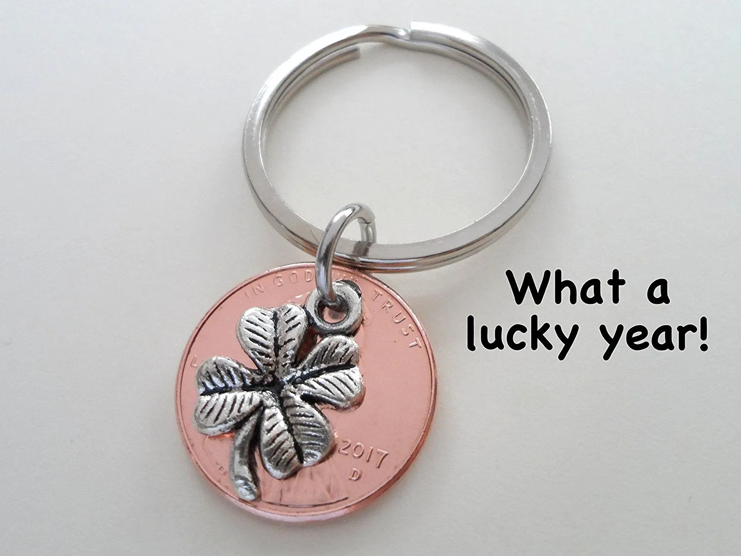 Clover Charm Layered Over 2017 Penny Keychain; 8 Year Anniversary Gift, Couples Keychain