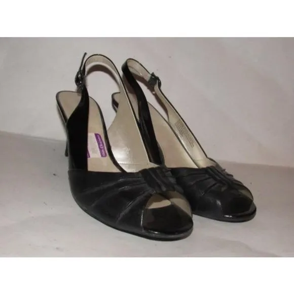 Etienne Aigner, size 9.5B, black leather and patent leather, open toe, 3.5" kitten heels with a sling back style!