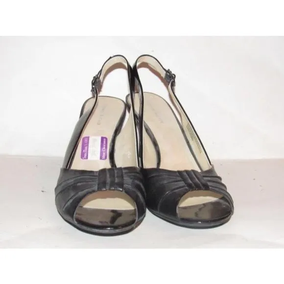 Etienne Aigner, size 9.5B, black leather and patent leather, open toe, 3.5" kitten heels with a sling back style!