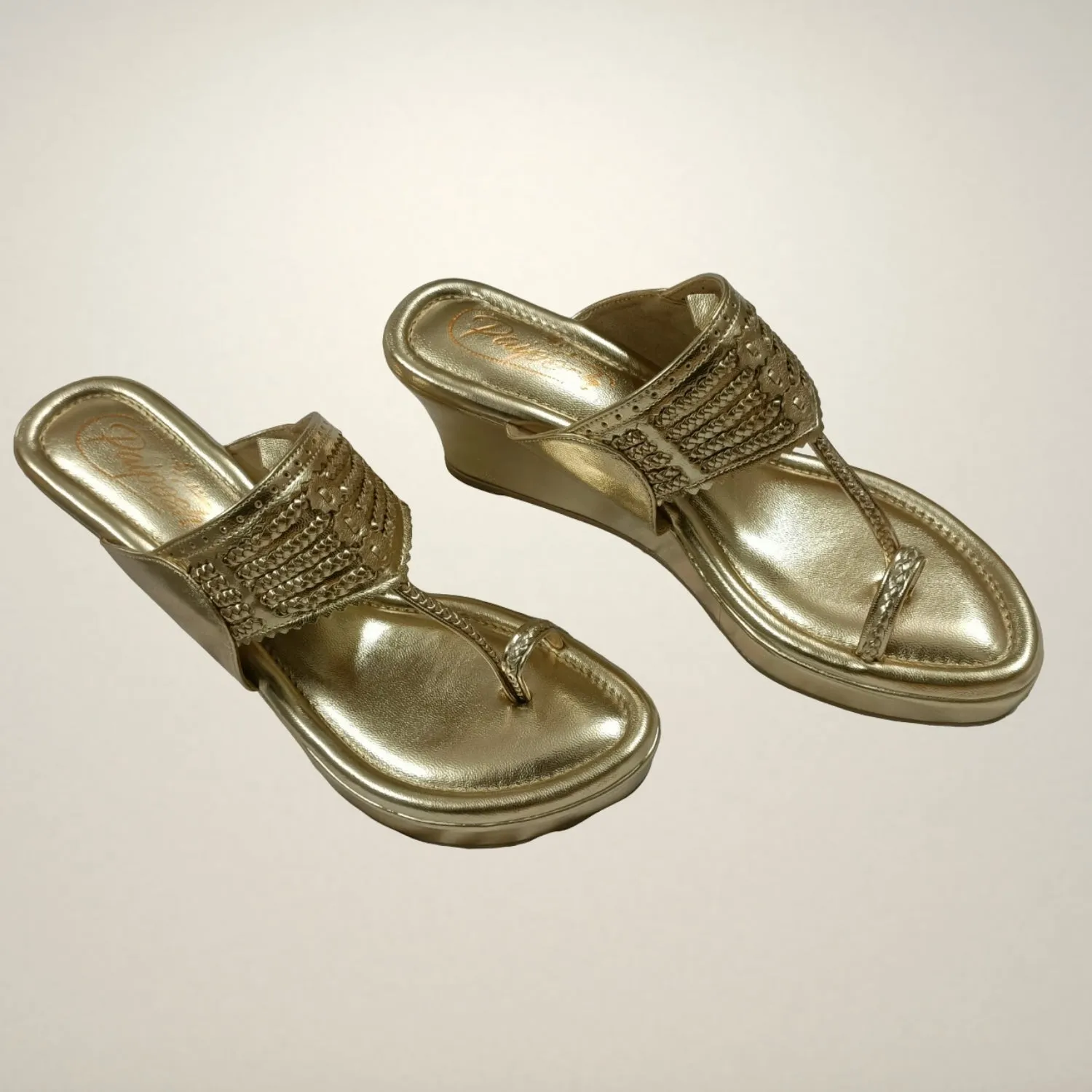 Light Gold Wedge Heel Kolhapuris For Women | Comfy Festive Wear | Hand Crafted