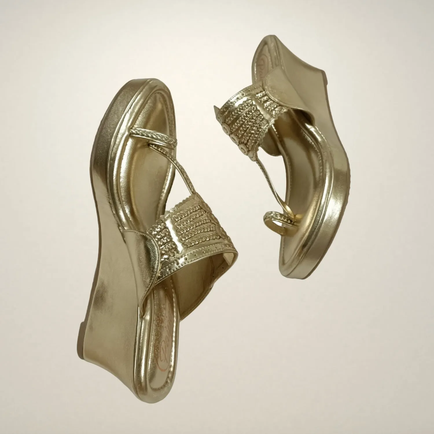 Light Gold Wedge Heel Kolhapuris For Women | Comfy Festive Wear | Hand Crafted