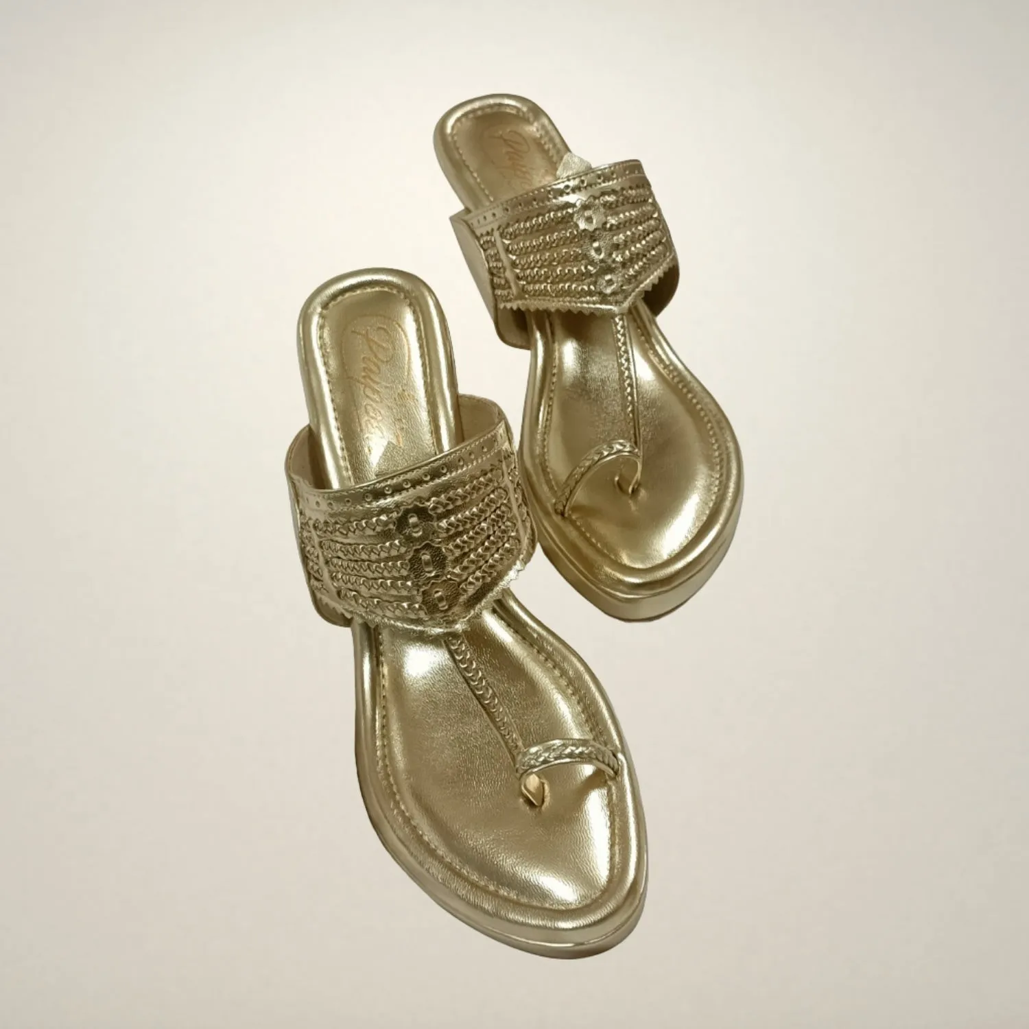 Light Gold Wedge Heel Kolhapuris For Women | Comfy Festive Wear | Hand Crafted