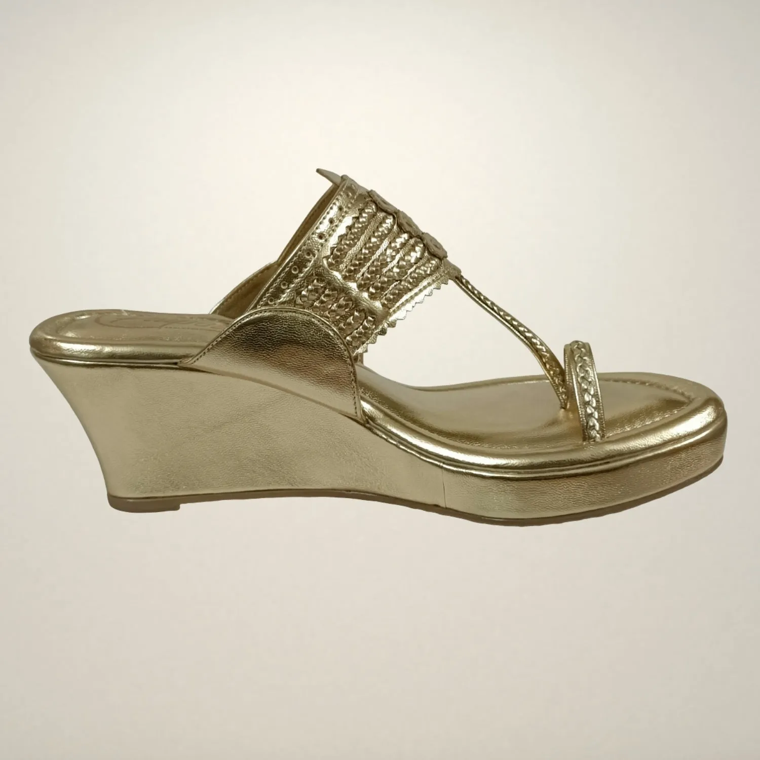 Light Gold Wedge Heel Kolhapuris For Women | Comfy Festive Wear | Hand Crafted