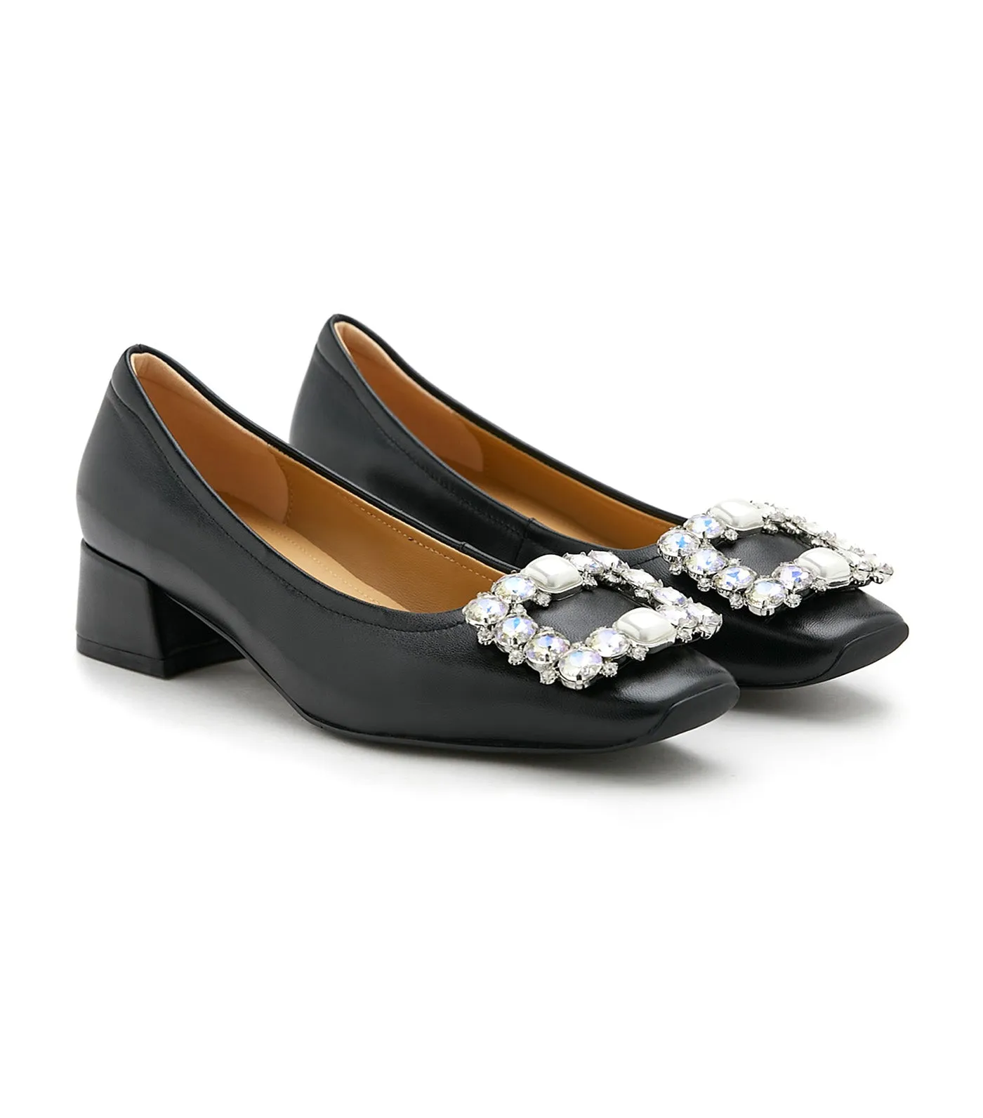 Oaklyn Embellished Buckle Square-Toe Block Heels Black