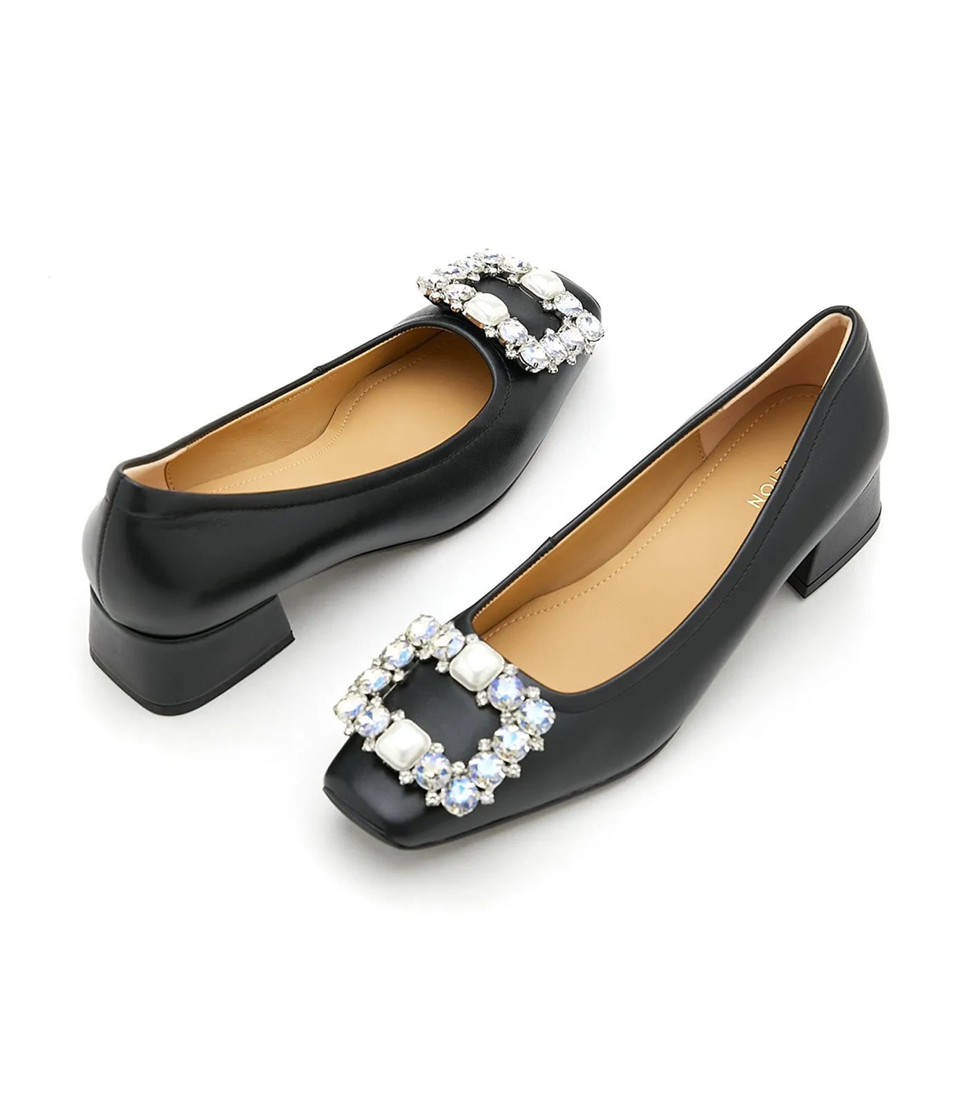 Oaklyn Embellished Buckle Square-Toe Block Heels Black