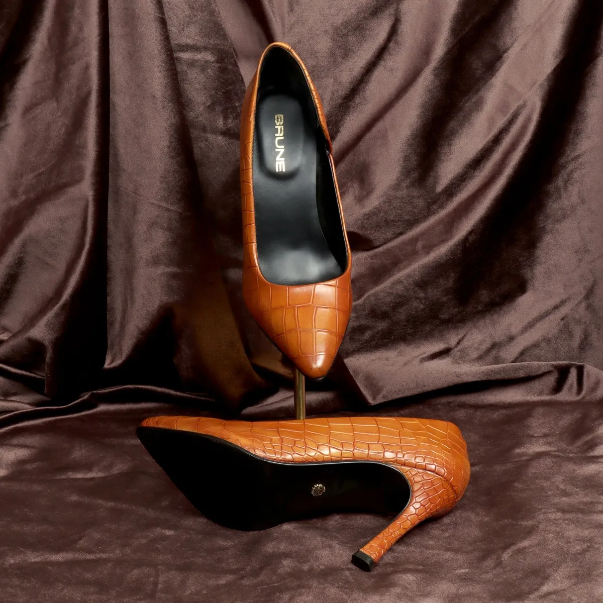 Pointed Toe Cut Croco Textured Tan Leather Sleek Stiletto Ladies Pencil Heel By Brune & Bareskin