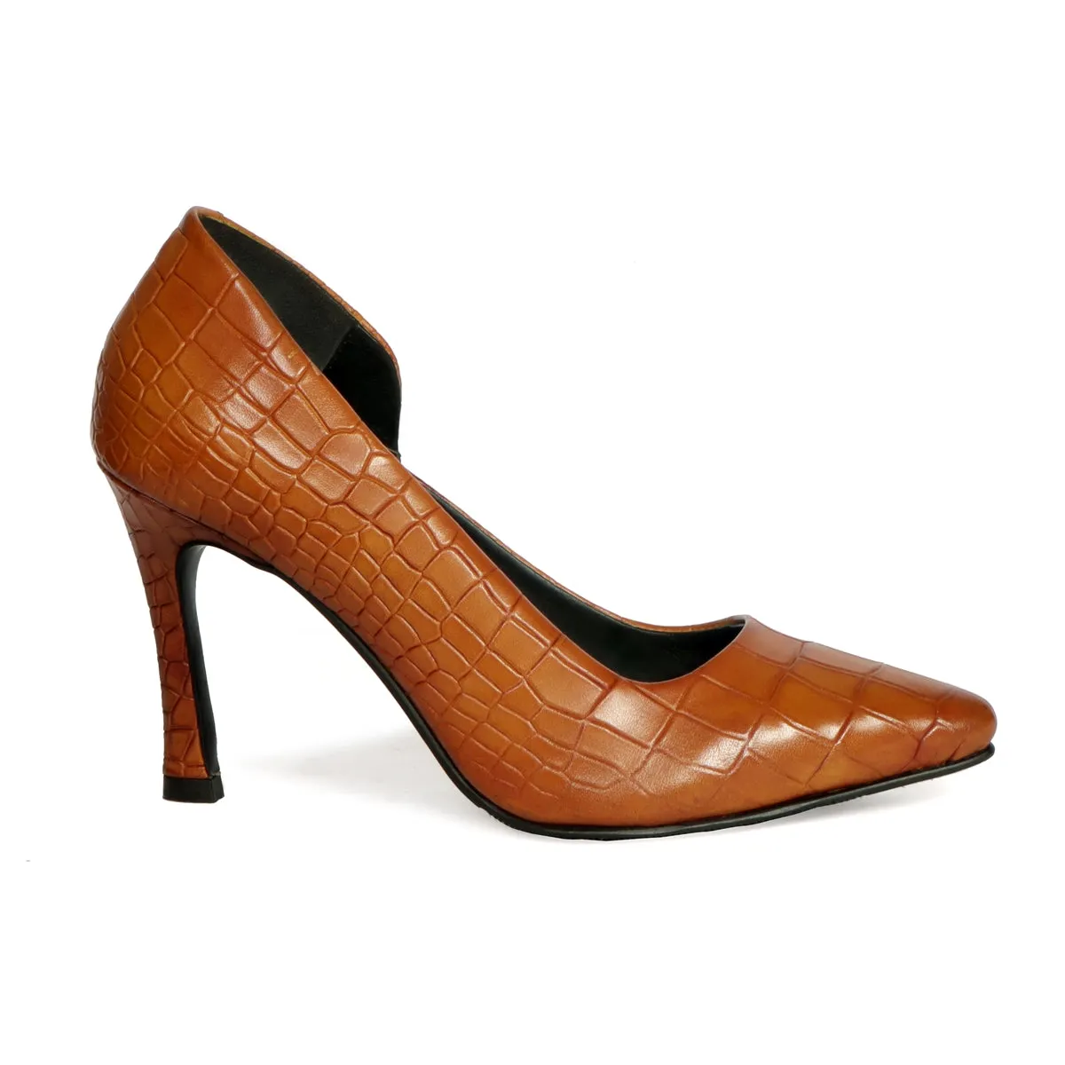 Pointed Toe Cut Croco Textured Tan Leather Sleek Stiletto Ladies Pencil Heel By Brune & Bareskin