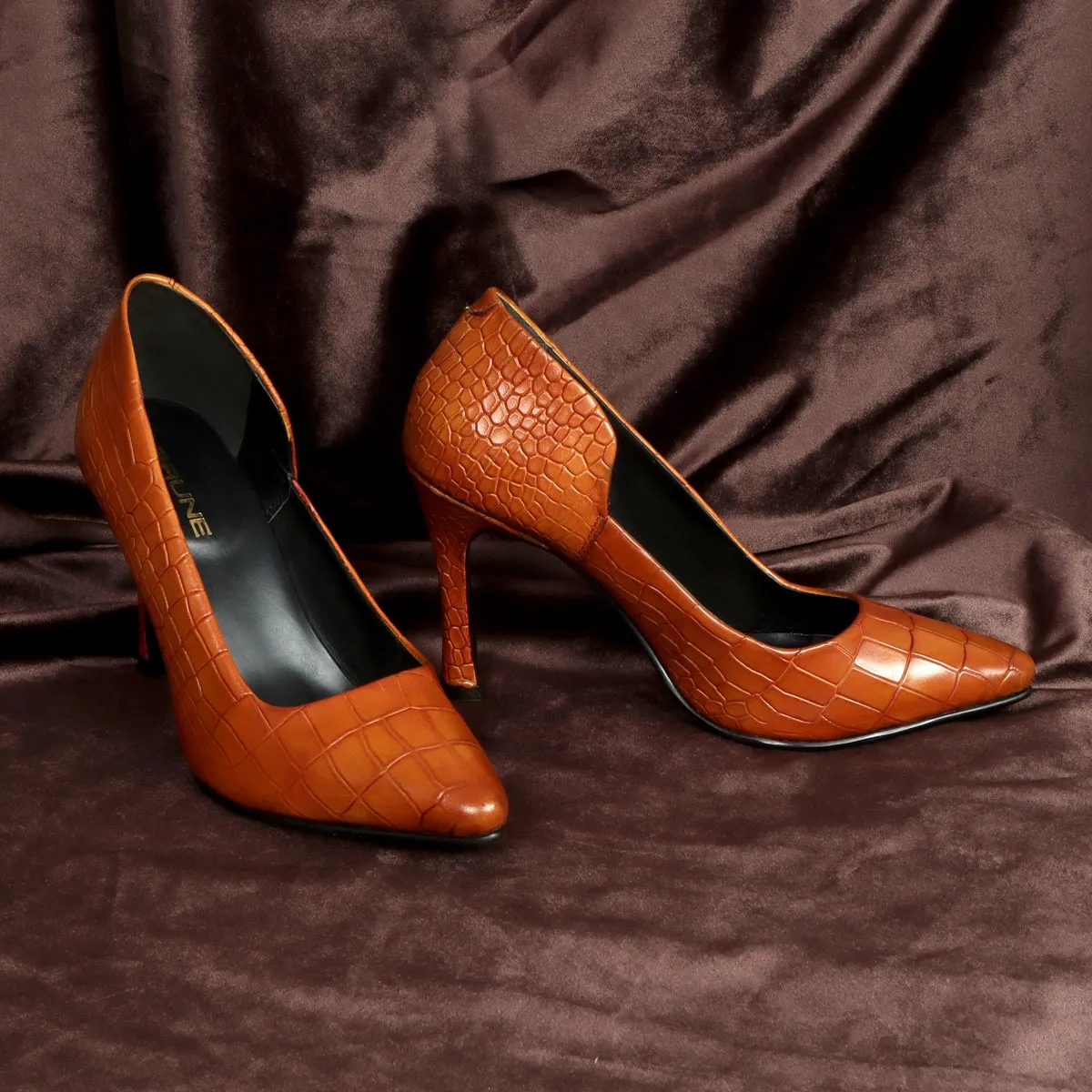 Pointed Toe Cut Croco Textured Tan Leather Sleek Stiletto Ladies Pencil Heel By Brune & Bareskin