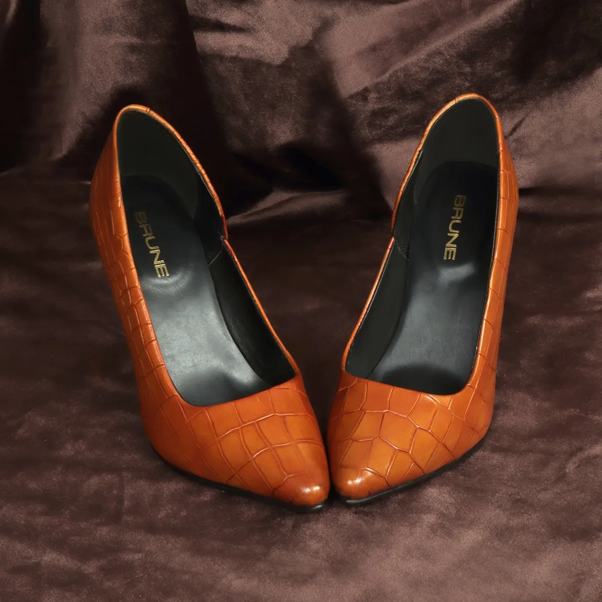 Pointed Toe Cut Croco Textured Tan Leather Sleek Stiletto Ladies Pencil Heel By Brune & Bareskin