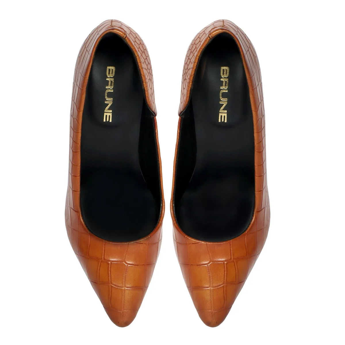 Pointed Toe Cut Croco Textured Tan Leather Sleek Stiletto Ladies Pencil Heel By Brune & Bareskin