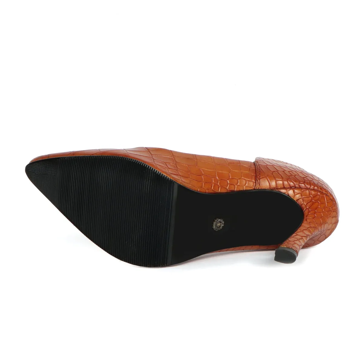 Pointed Toe Cut Croco Textured Tan Leather Sleek Stiletto Ladies Pencil Heel By Brune & Bareskin