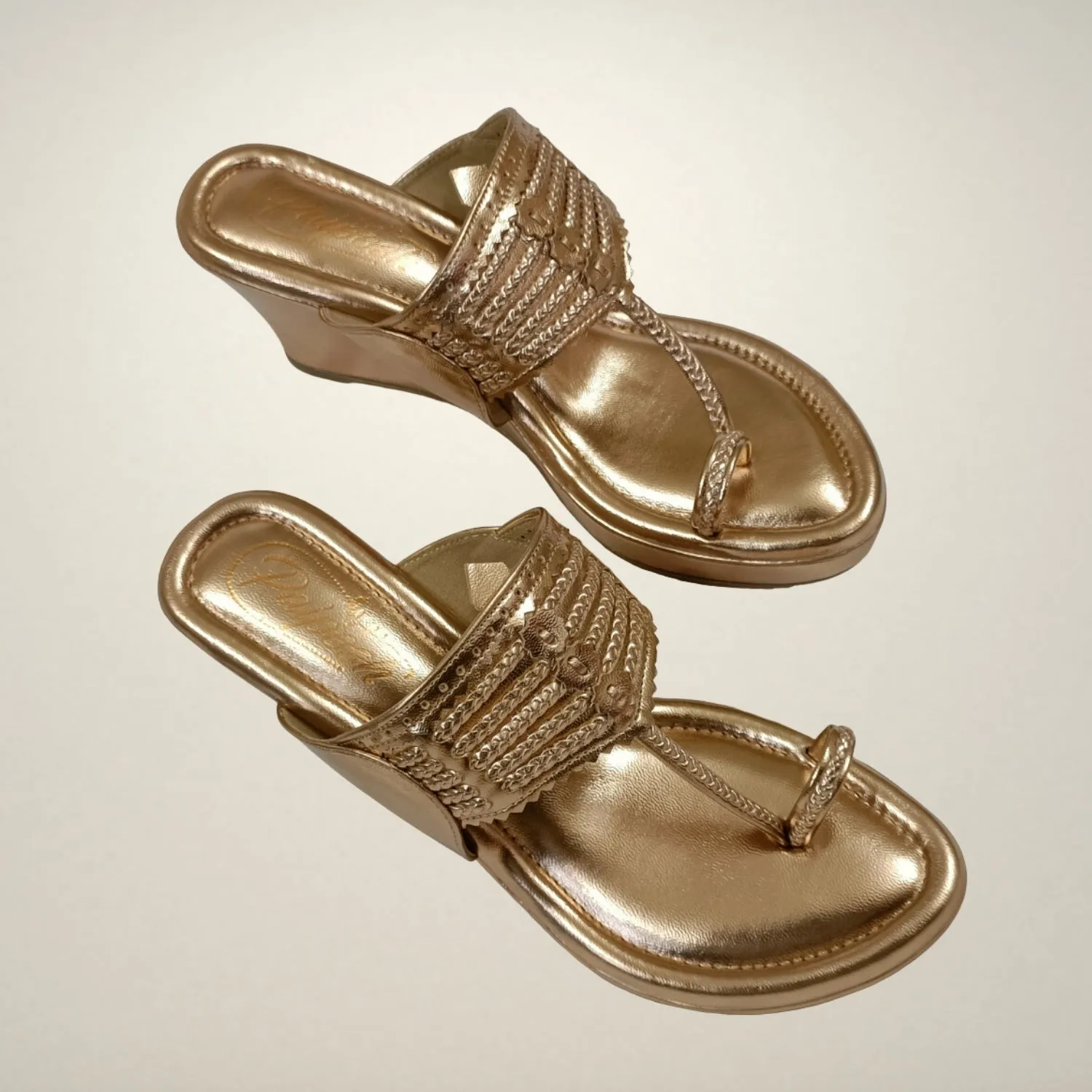 Rose Gold Wedge Heel Kolhapuris For Women | Comfy Festive Wear | Hand Crafted