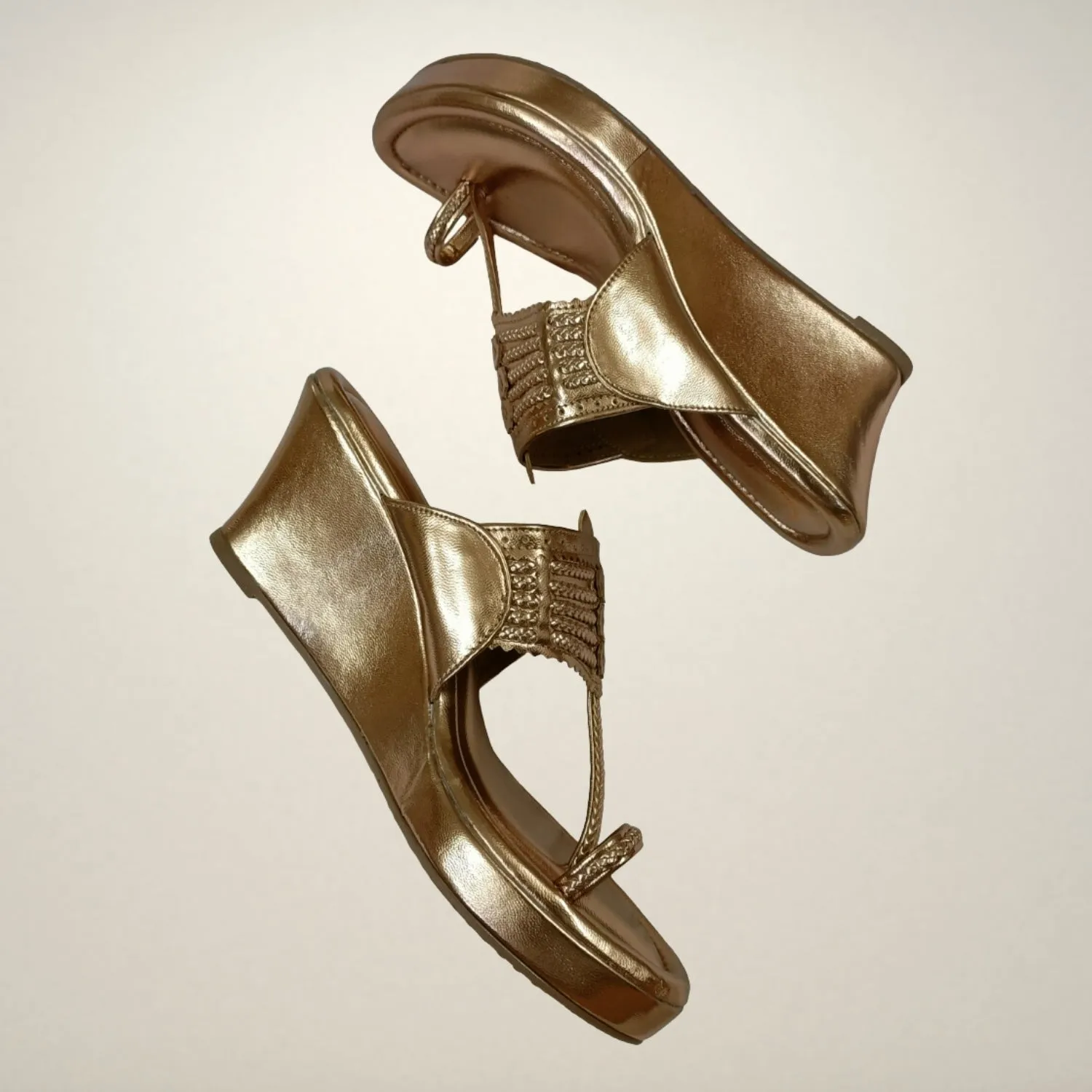 Rose Gold Wedge Heel Kolhapuris For Women | Comfy Festive Wear | Hand Crafted