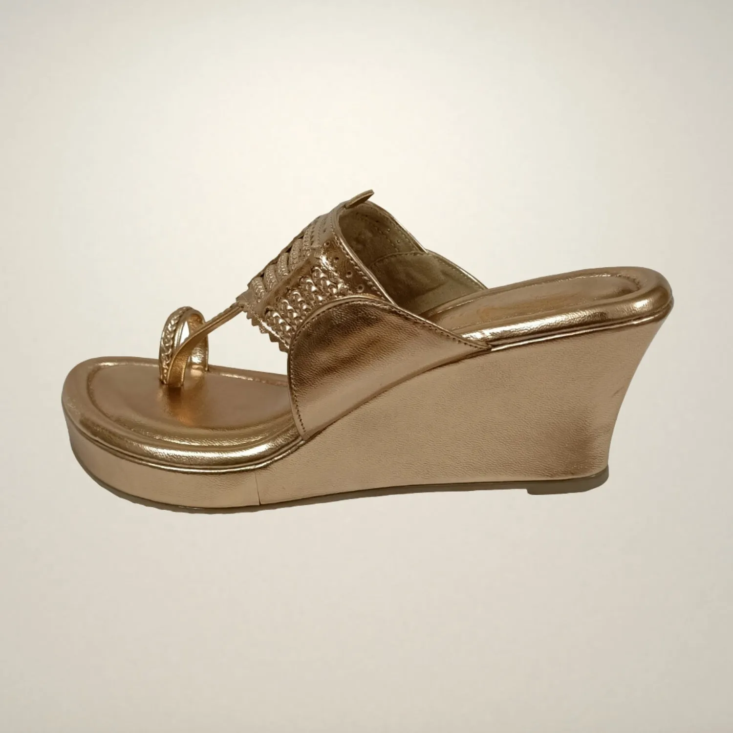 Rose Gold Wedge Heel Kolhapuris For Women | Comfy Festive Wear | Hand Crafted