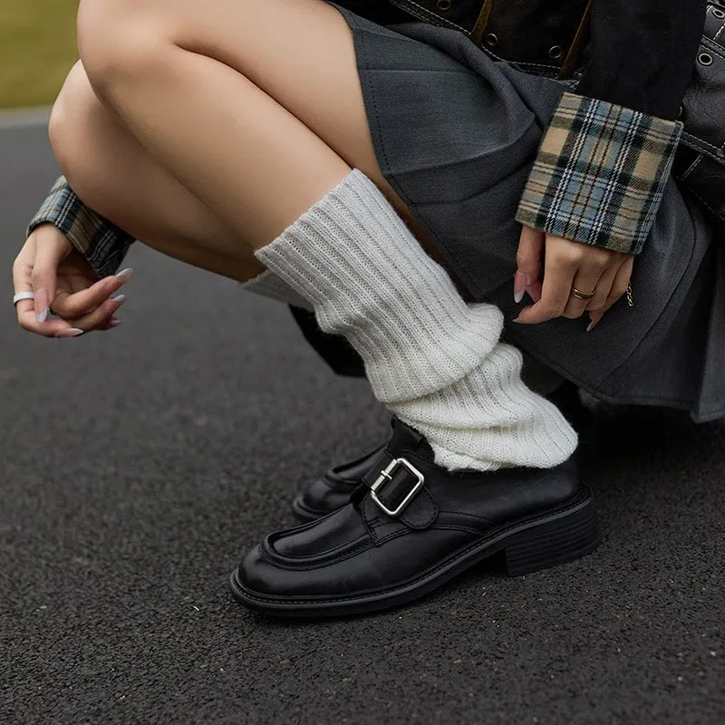 Vegetable Tanned Leather Loafers for Women with Metal Buckle in Black