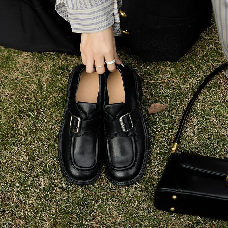 Vegetable Tanned Leather Loafers for Women with Metal Buckle in Black