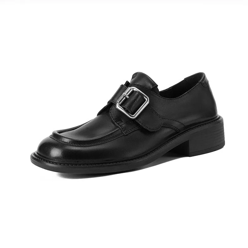 Vegetable Tanned Leather Loafers for Women with Metal Buckle in Black