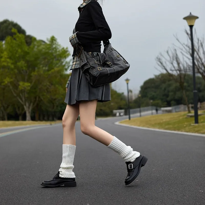 Vegetable Tanned Leather Loafers for Women with Metal Buckle in Black