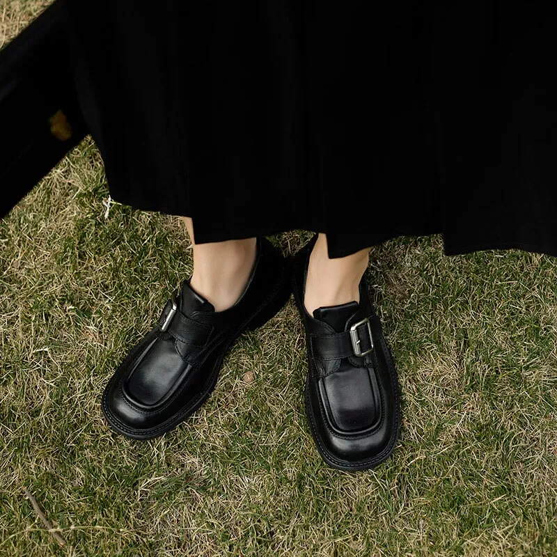 Vegetable Tanned Leather Loafers for Women with Metal Buckle in Black