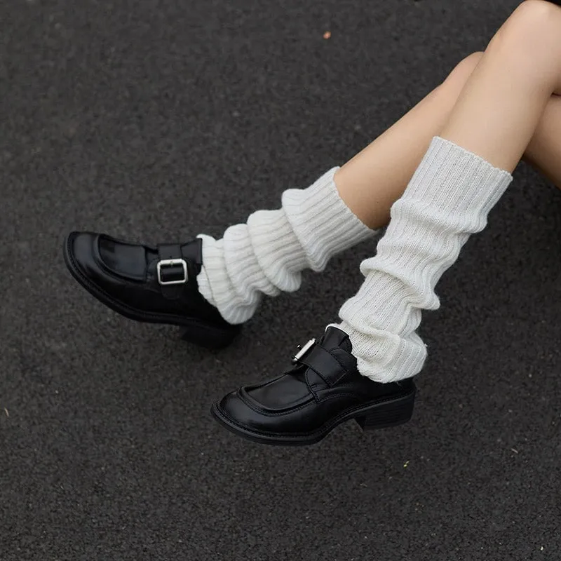 Vegetable Tanned Leather Loafers for Women with Metal Buckle in Black