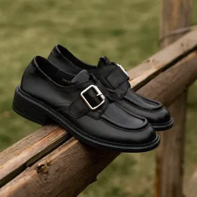 Vegetable Tanned Leather Loafers for Women with Metal Buckle in Black