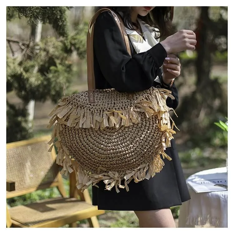 White Round Straw Shoulder Beach Bag-Showtown