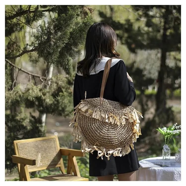 White Round Straw Shoulder Beach Bag-Showtown