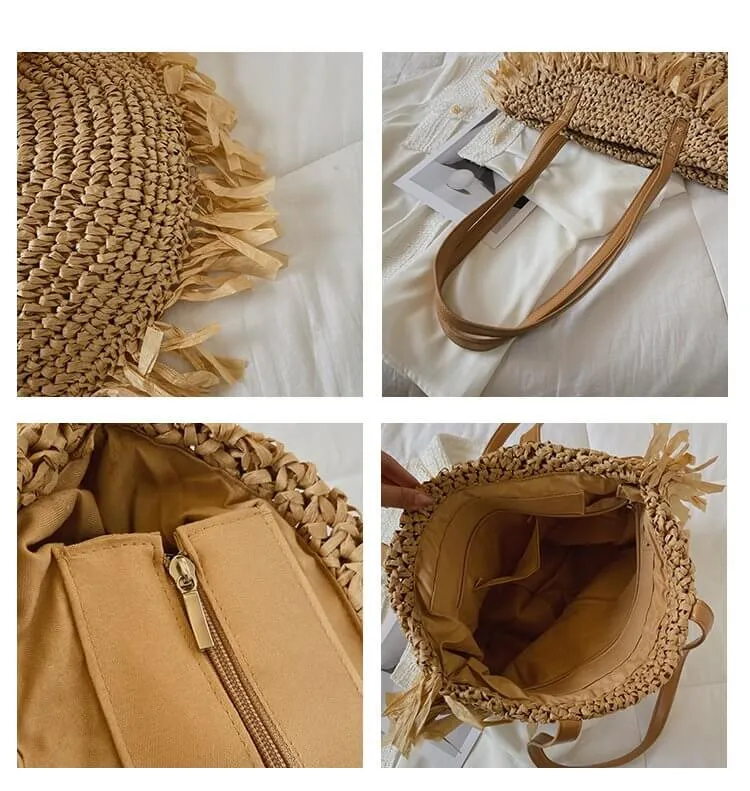 White Round Straw Shoulder Beach Bag-Showtown